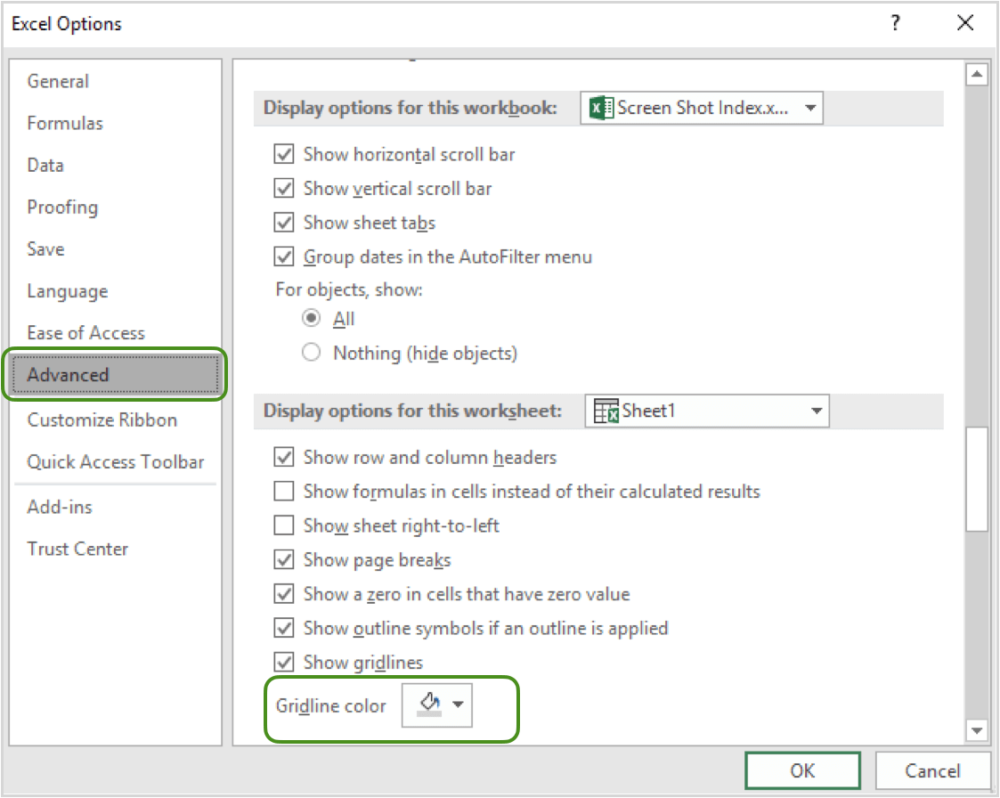 How to colour Gridlinies in Excel