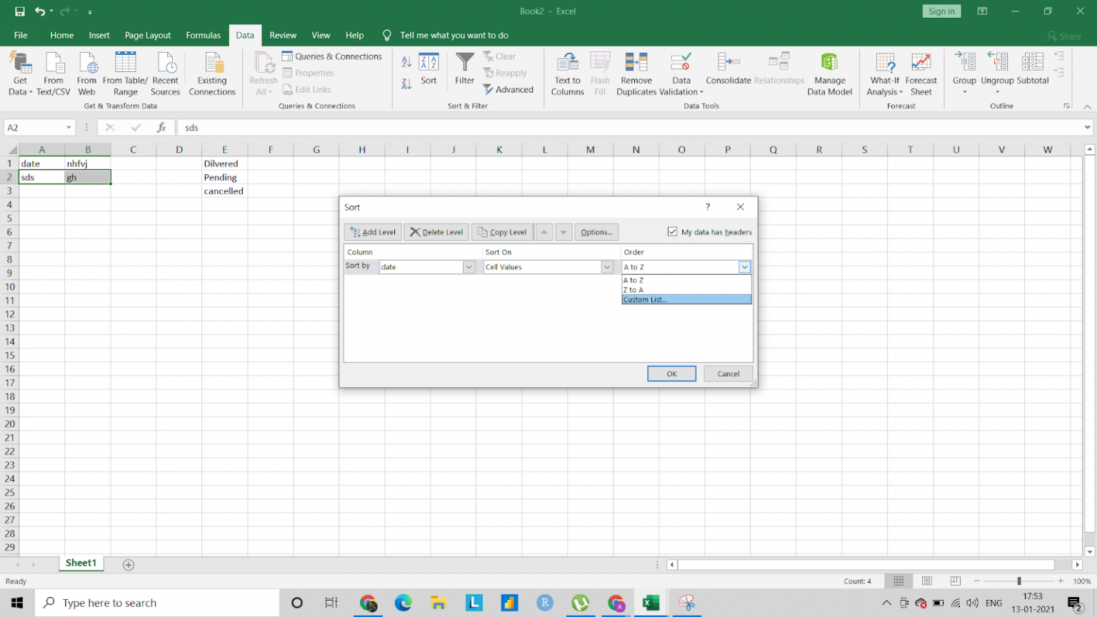 How to sort table using Custom list in Excel