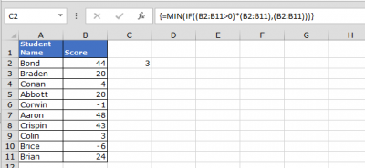 Find the minimum positive value in Microsoft Excel