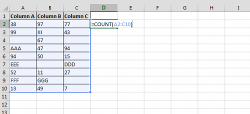 Count the number of cells with numeric data in a range in Microsoft Excel