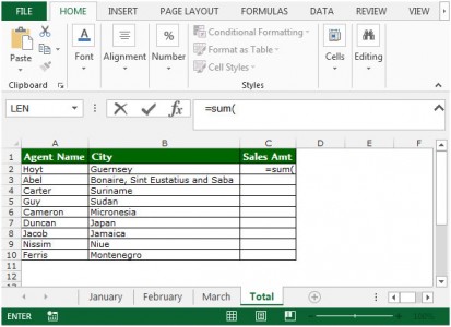 Summing Data from a Cell in a Number of Sheets in Microsoft Excel 2010