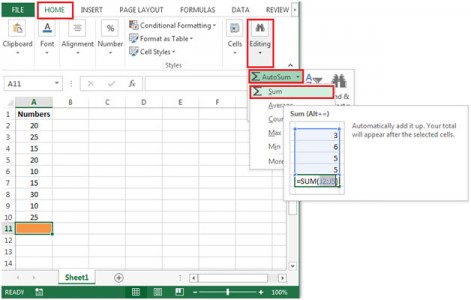 Summing data by selecting cells in Microsoft Excel