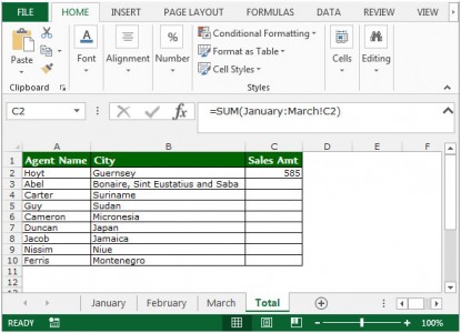 Summing Data from a Cell in a Number of Sheets in Microsoft Excel 2010