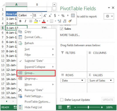 PivotTable report - Grouping the Date Field by Week Number in Excel 2010