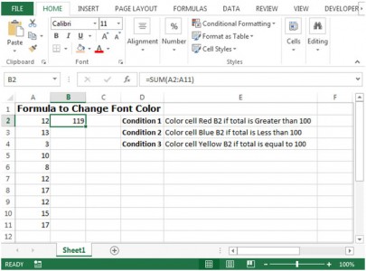 Formula to change Font Color in Microsoft Excel 2010