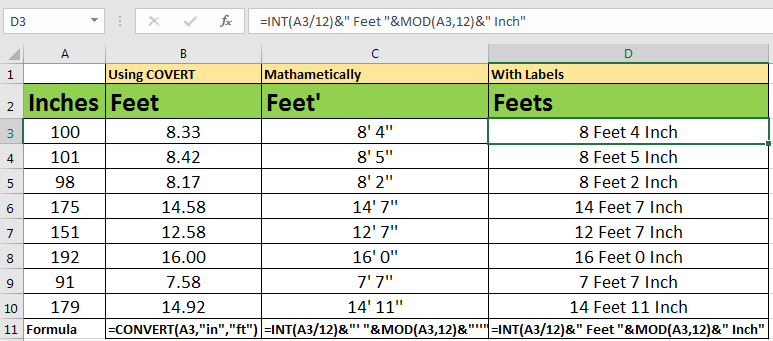 How To Inches To Feet In Excel