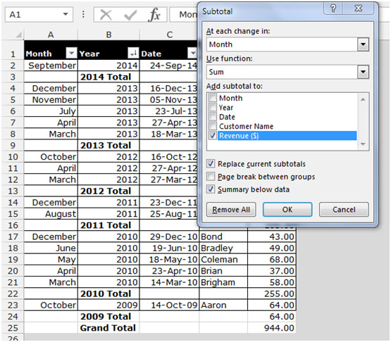 Adding Additional Functions to Subtotals in Microsoft Excel 2010