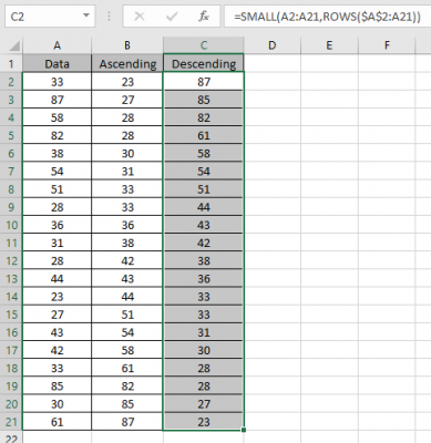 Sort numbers using Excel SMALL function