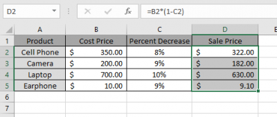 Mathematical Percentage Decrease Change in Excel