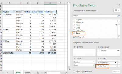 multiple items grandtotal in pivot table excel 2013
