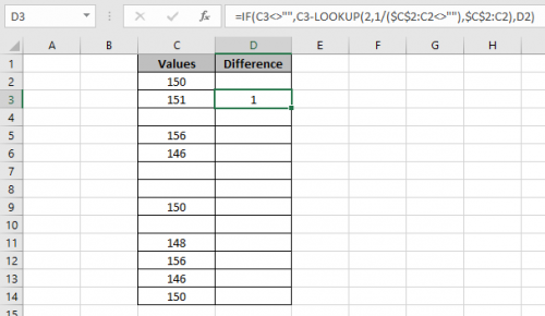 Difference with the last non-blank cell