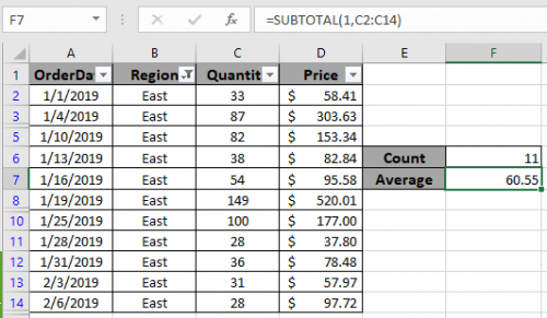 Excel Count filtered row using SUBTOTAL function