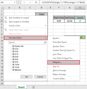 How to Count Times Between Given Time Range in Excel