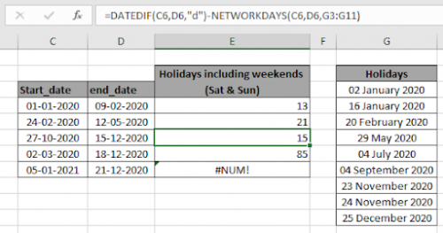 Count holidays between dates in Excel