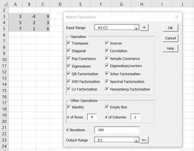 Matrix properties and matrix calculations in Excel